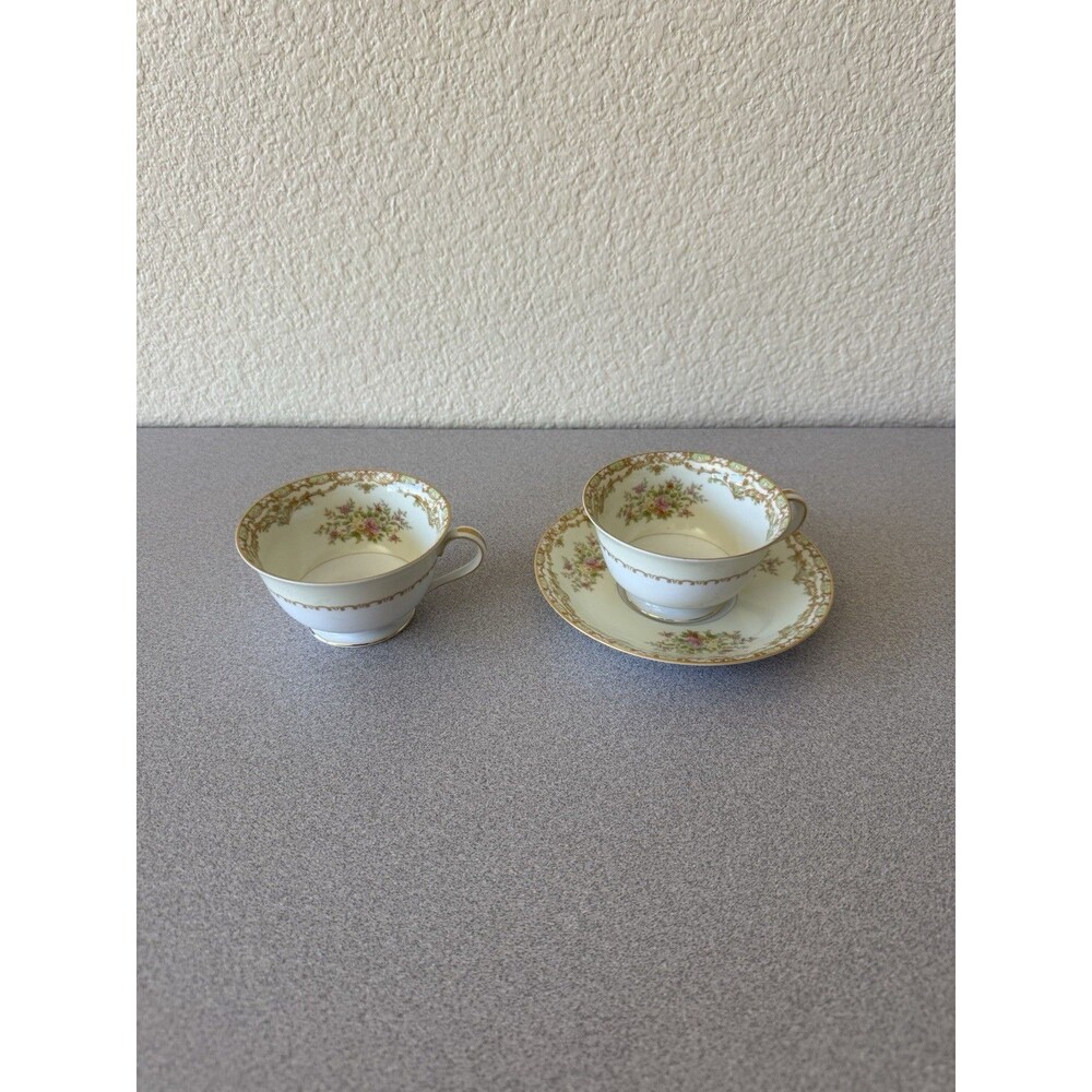Vintage Noritake China Occupied Japan Floral Tea Cups & Saucer Set Gold Trim